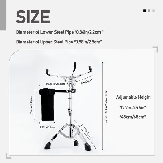 Vaisoeny Snare Drum Stand, 1" Pipe Diameter Stainless Steel Snare Stand with Drum Stick Holder, Adjustable Height 17.7"-25.5" (V-JGJ-N002)