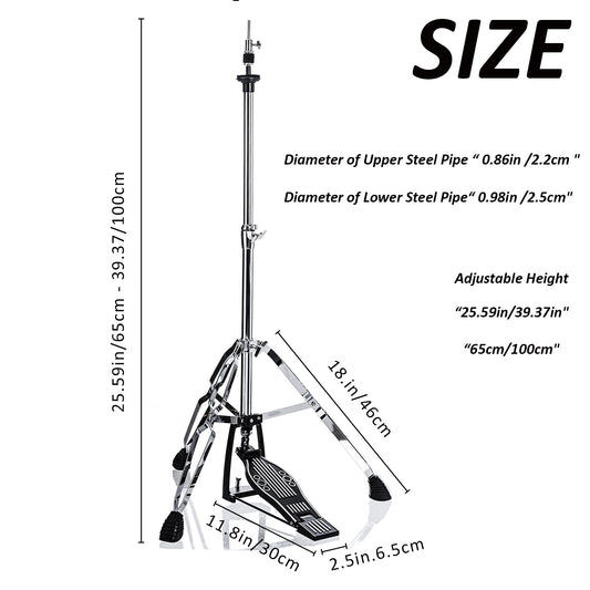 Vaisoeny Hi Hat Stand, 1" Pipe Diameter Stainless Steel High Hat Stand, adjustable height 23.6" to 39.3" (V-CC-ST09)