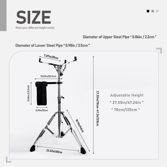 Vaisoeny Extended Height Snare Drum Stand, 1” Pipe Diameter Stainless Steel Snare Stand, Adjustable Height 29.5"-47" (V-JGJ-E001)