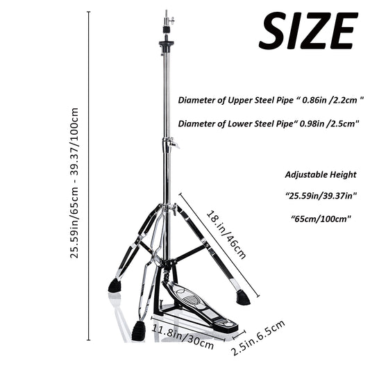 Vaisoeny Hi Hat Stand, 1" Pipe Diameter Stainless Steel High Hat Stand, adjustable height  23.6" to 39.3" (V-CC-JKC07)