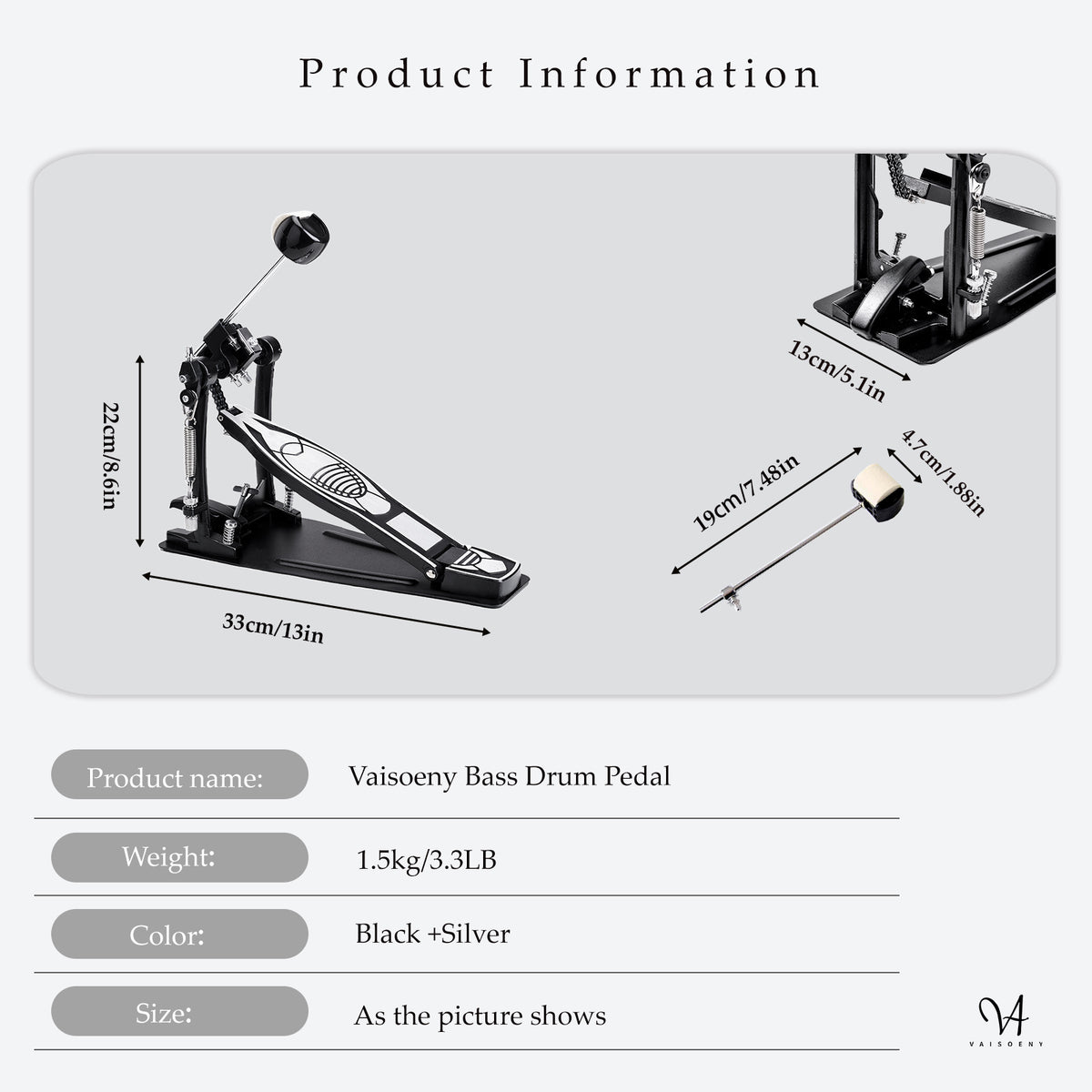 Vaisoeny Bass Drum Pedal, Double Chain Drum Pedal for Drums (V-DC-JKC10)