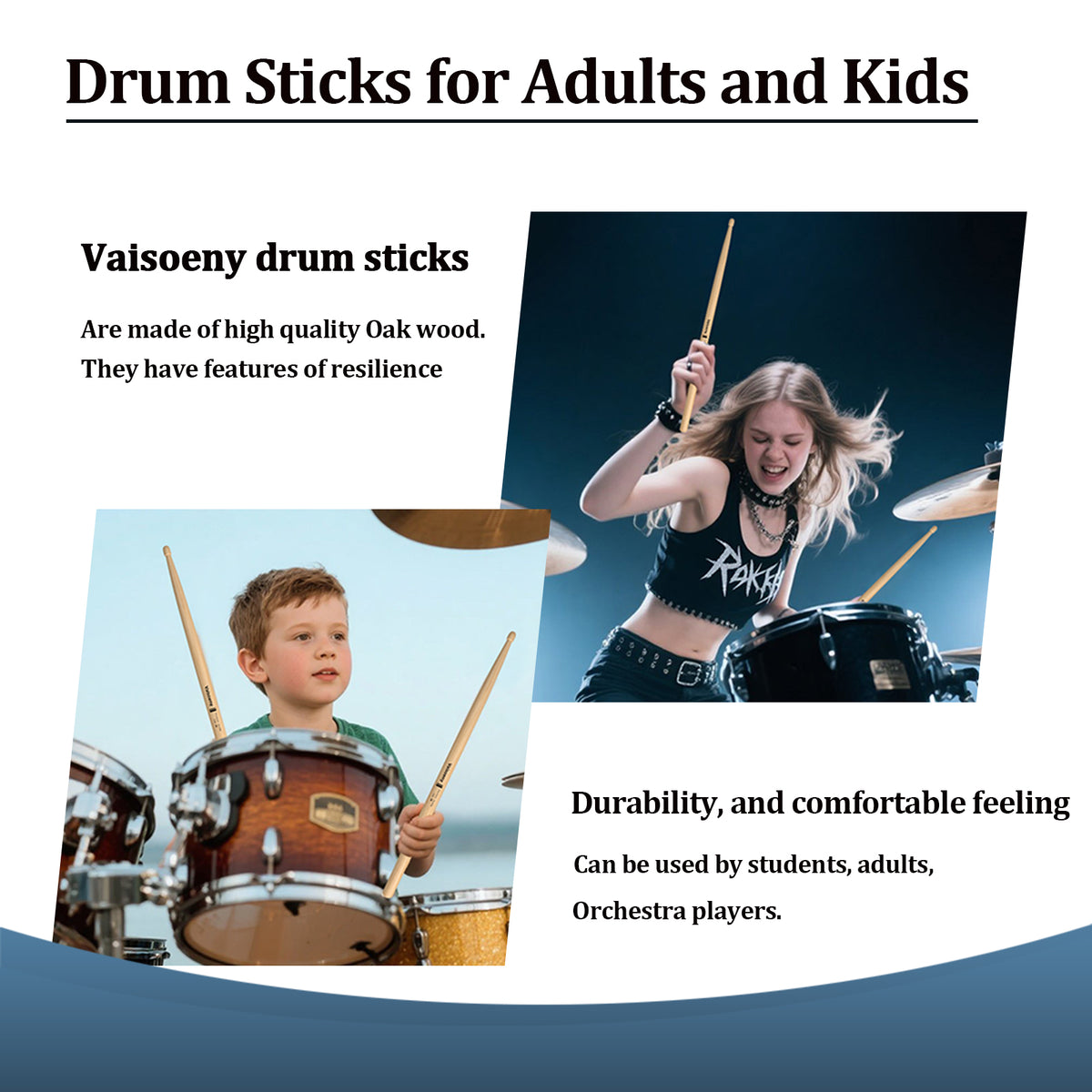 Vaisoeny Drum Sticks, Oak Wood 5A 7A 5B 2B Drumsticks with Teardrop Tip (12 Pairs)
