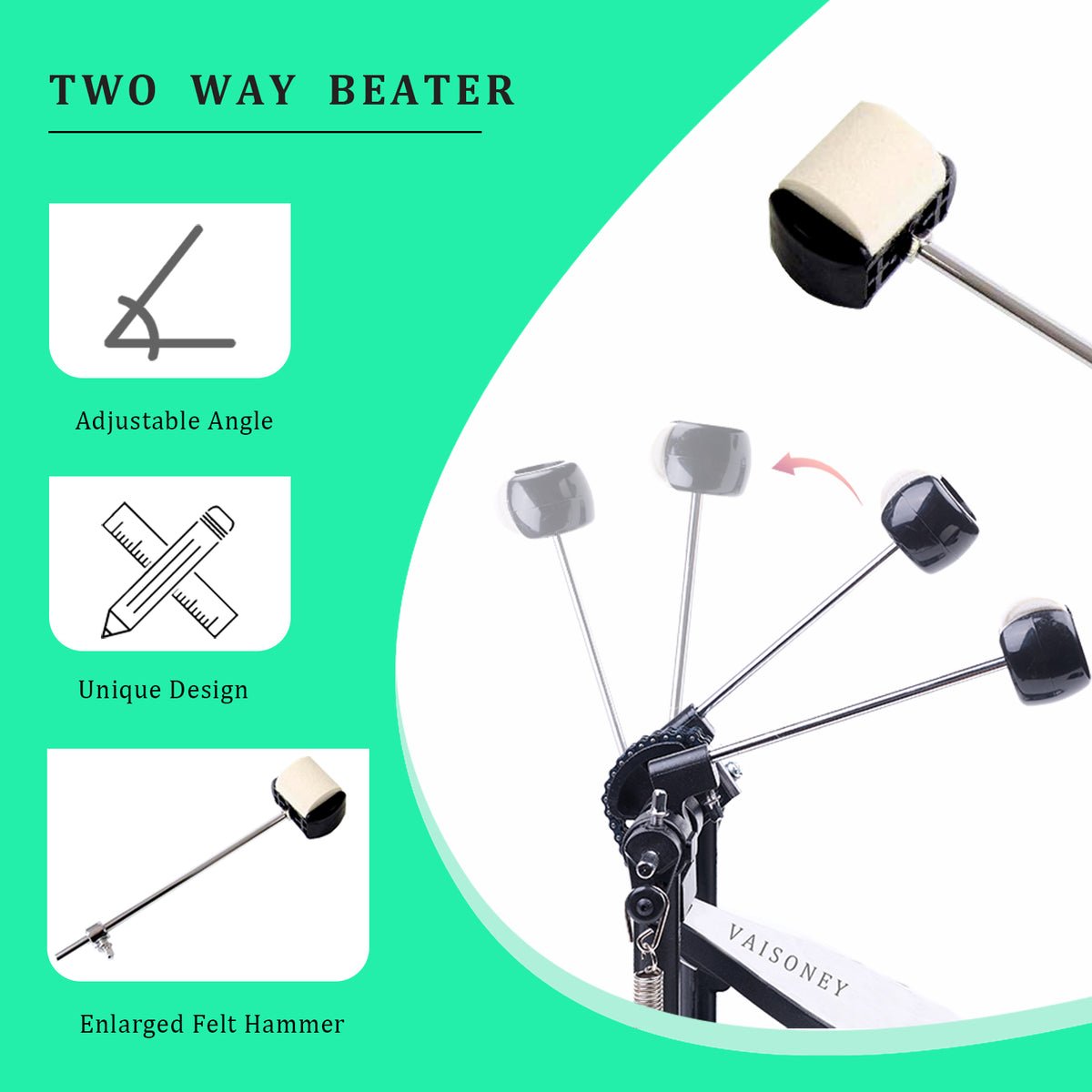 Vaisoeny Double Bass Drum Pedal, Double Chain Kick Drum Pedal (V-SC-HT12)