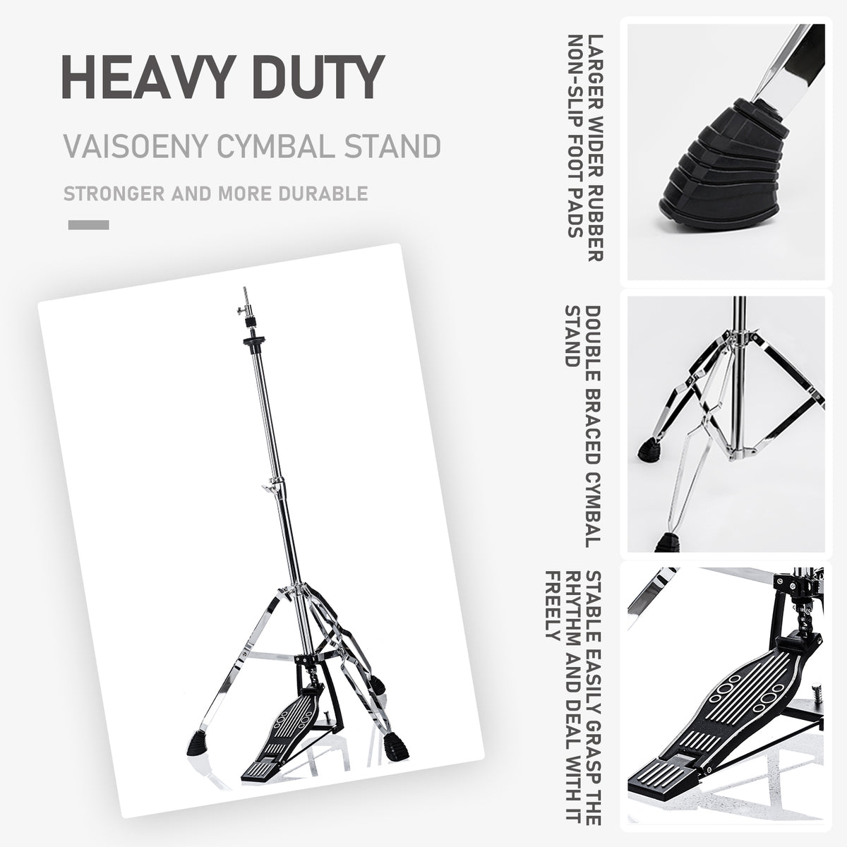 Vaisoeny Hi Hat Stand, 1" Pipe Diameter Stainless Steel High Hat Stand, adjustable height  23.6" to 39.3" (V-CC-ST09)