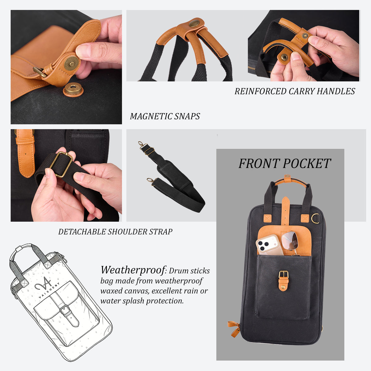 Vaisoeny Drum Stick Bag, Waxed Canvas Drumstick Bag with Detachable Shoulder Strap, Large Capacity (Black/Brown)
