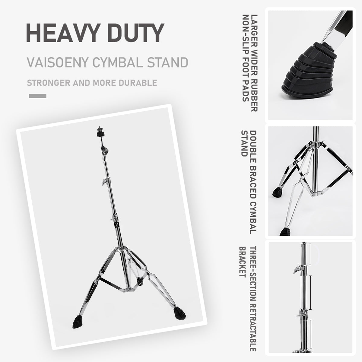 Vaisoeny Cymbal Stand, 1" Pipe Diameter Stainless Steel Straight Cymbal Stand, Adjustable Height 29.5" to 59" (V-ZDJ-004)
