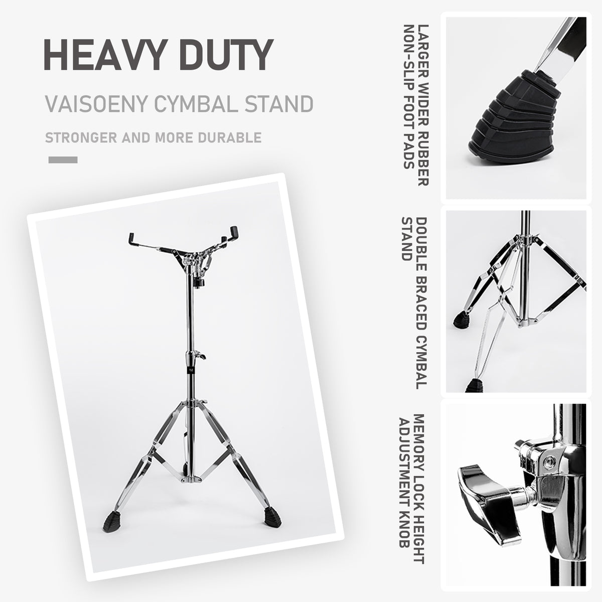 Vaisoeny Extended Height Snare Drum Stand, 1” Pipe Diameter Stainless Steel Snare Stand, Adjustable Height 29.5"-47" (V-JGJ-E001)