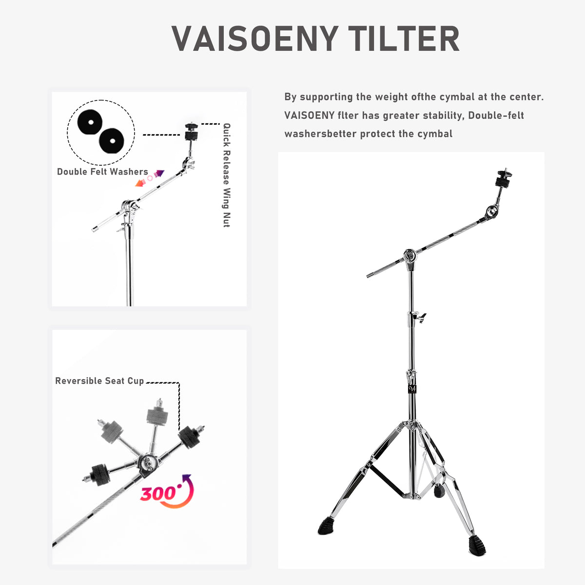 Vaisoeny soporte de plato con jirafa de acero inoxidable, 1" diámetro del tubo, altura regulable 29.5"–59" (V-XDJ-003)
