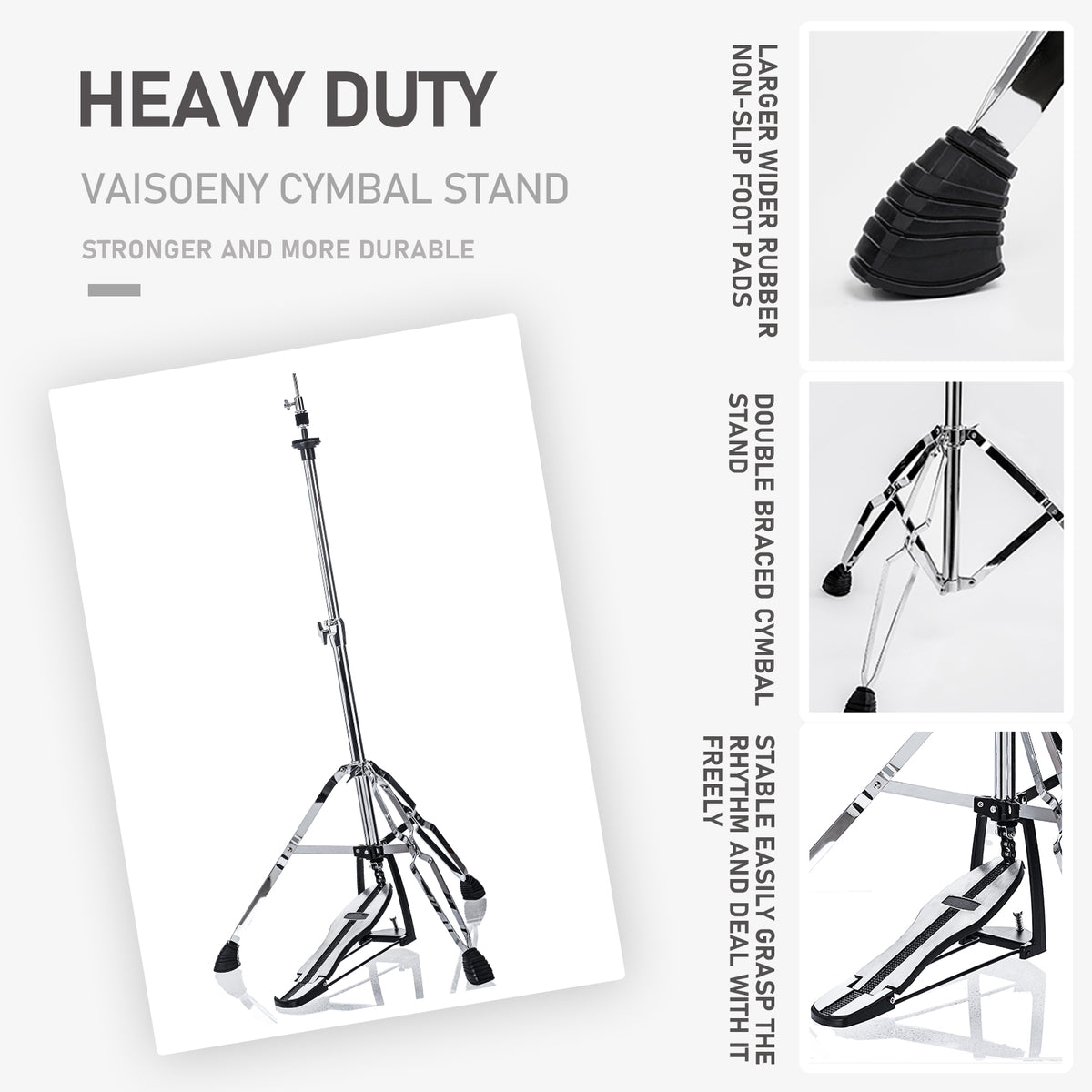 Vaisoeny Hi-Hat-Ständer aus Edelstahl, 1" Rohrdurchmesser, höhenverstellbar 23.6"–39.3" (V-CC-SZ08)