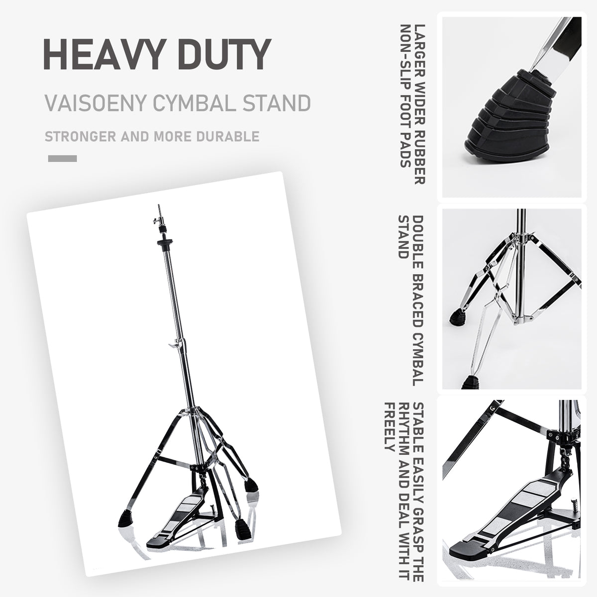 Vaisoeny Hi-Hat-Ständer aus Edelstahl, 1" Rohrdurchmesser, höhenverstellbar 23.6"–39.3" (V-CC-FK11)