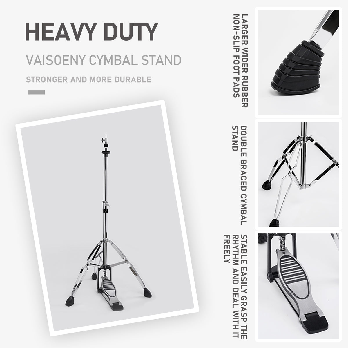 Vaisoeny Hi Hat Stand, 1" Pipe Diameter Stainless Steel High Hat Stand, Adjustable Height  23.6" to 39.3" (V-CCJ-005)