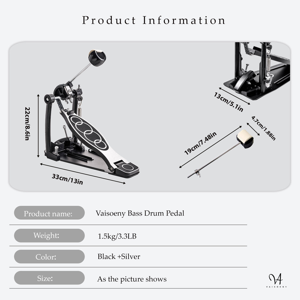 Vaisoeny Bass Drum Pedal, Double Chain Kick Drum Pedal for Drums(V-DC-YQ09)
