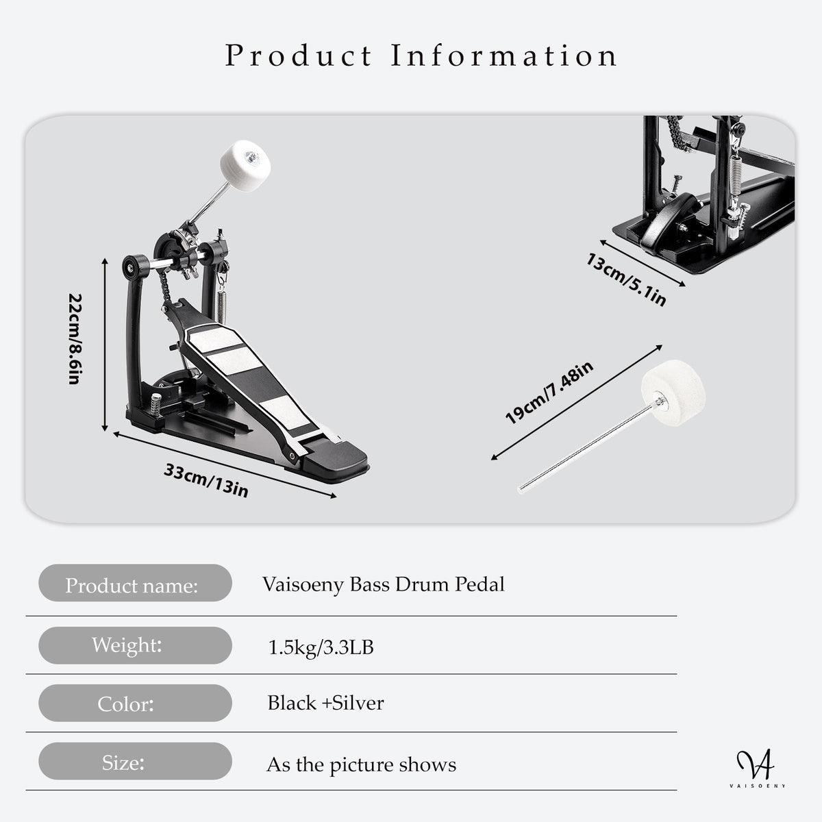 Vaisoeny Bass Drum Pedal, Single Chain Kick Drum Pedal for Drums(V-DC-FK15)