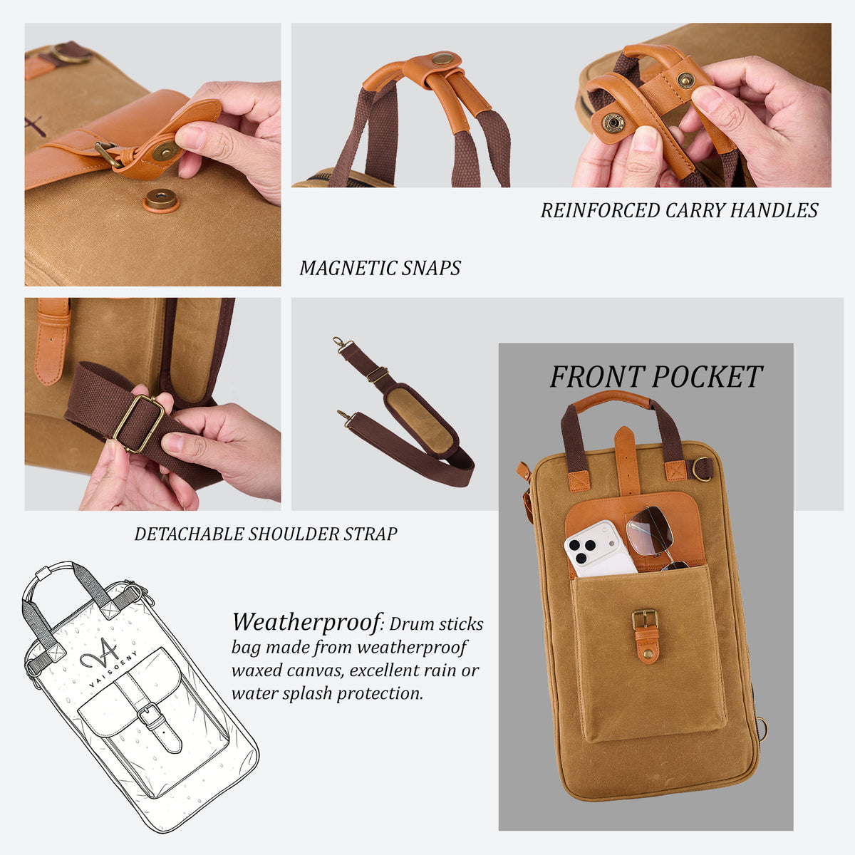 Vaisoeny Drum Stick Bag, Waxed Canvas Drumstick Bag with Detachable Shoulder Strap, Large Capacity (Black/Brown)