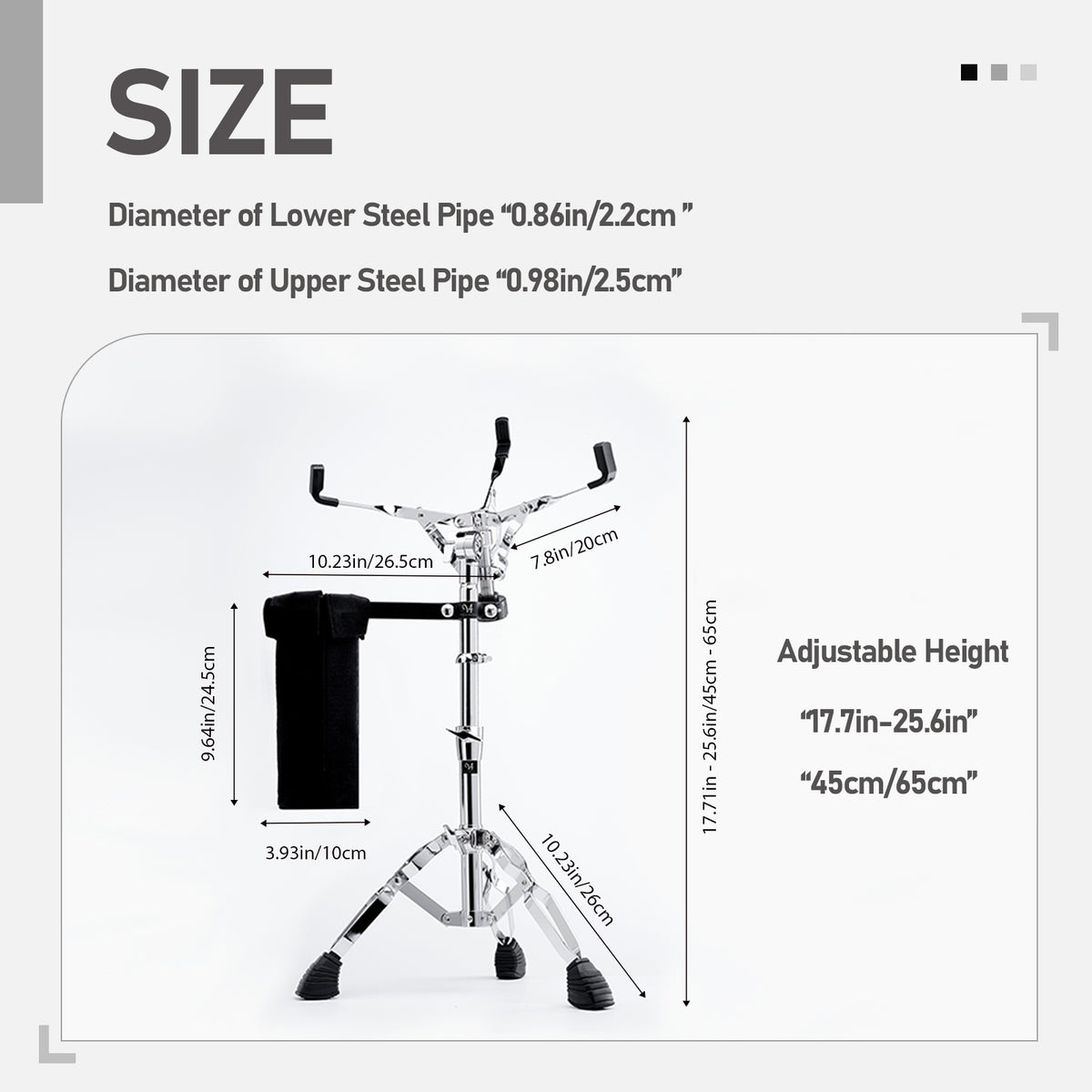 Vaisoeny Snare Drum Stand, 1" Pipe Diameter Stainless Steel Snare Stand with Drum Stick Holder, Adjustable Height  17.7"-25.5" (V-JGJ-N002)