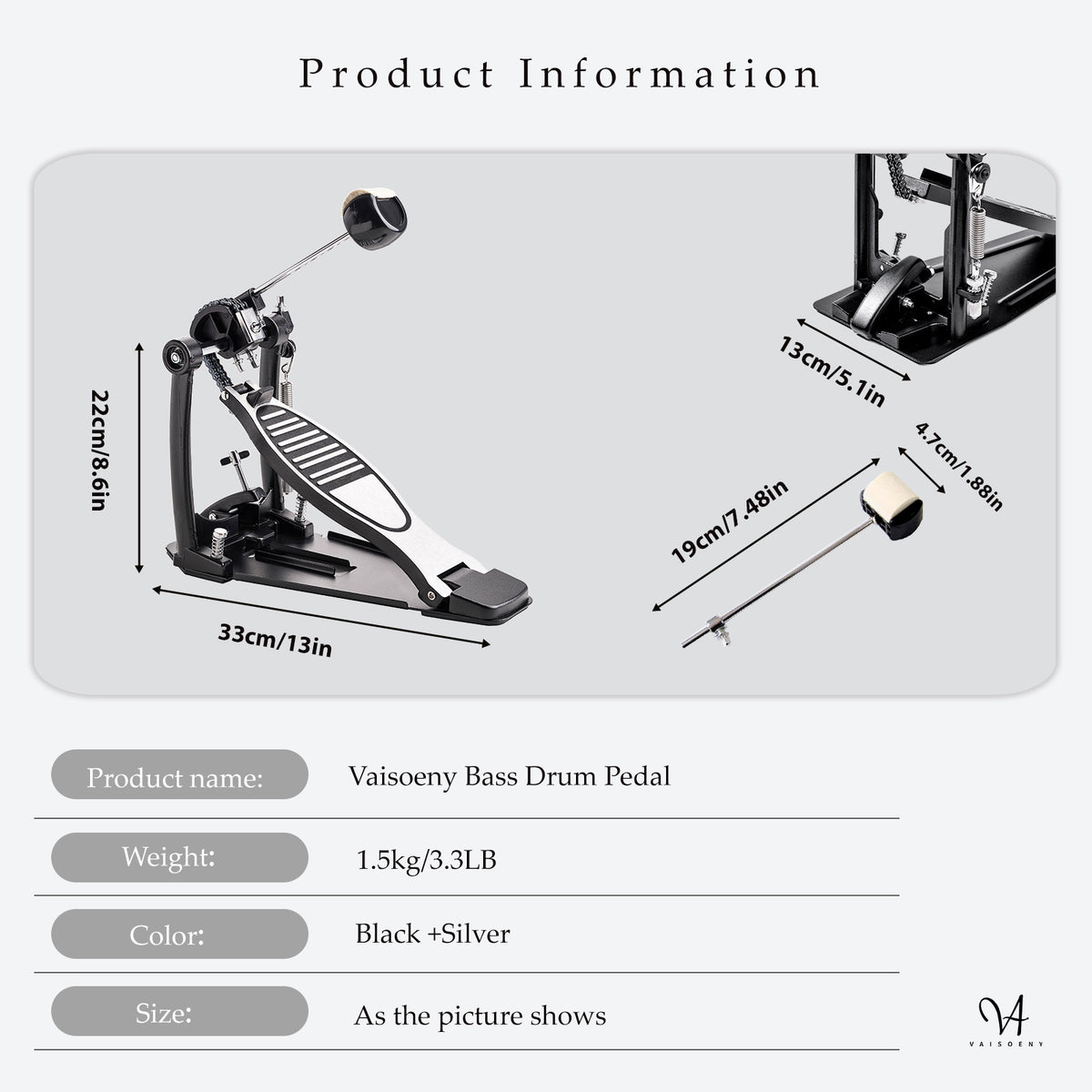 Vaisoeny  Bass Drum Pedal, Double Chain Kick Drum Pedal for Drums(V-DC-HT12)