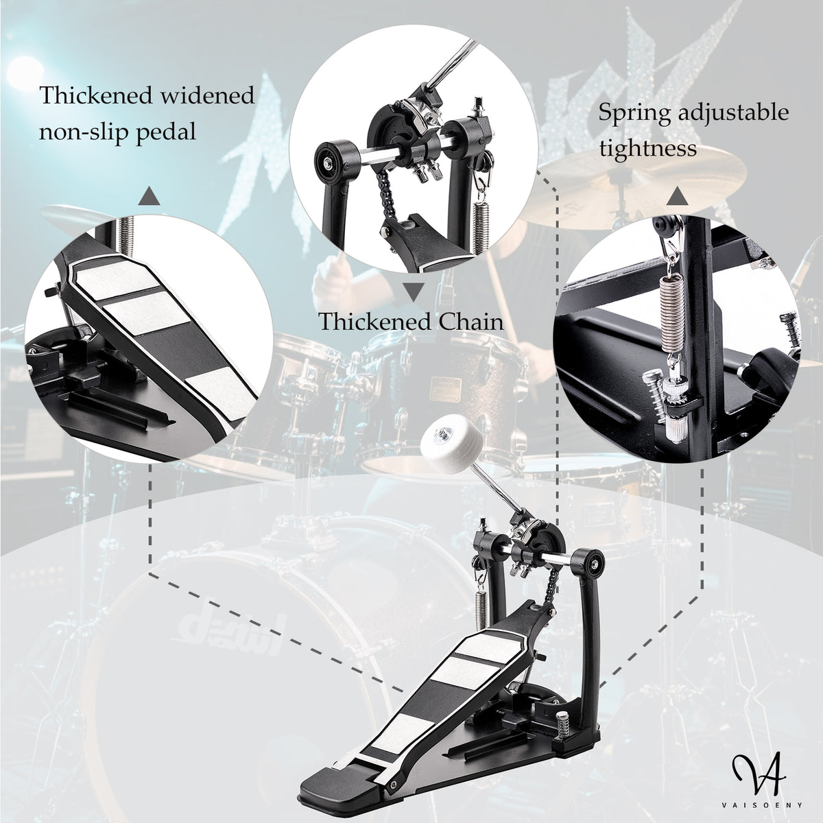 Vaisoeny Bass Drum Pedal, Single Chain Kick Drum Pedal for Drums(V-DC-FK15)