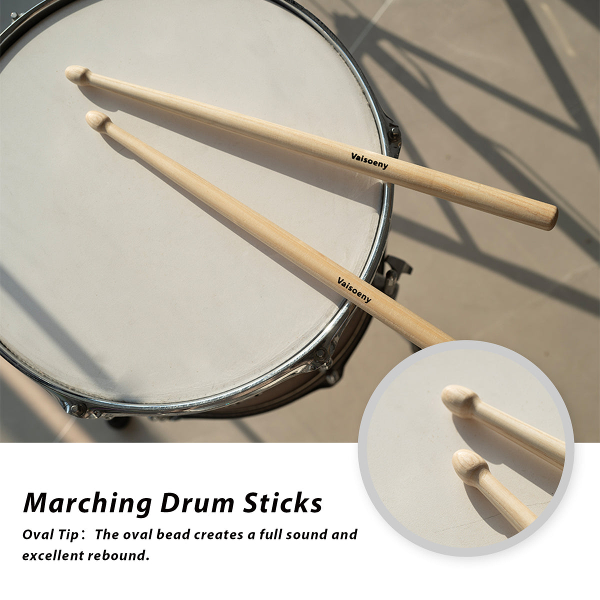 Vaisoeny Marching Drum Sticks, Increase Size Hickory Marching Snare Sticks with Oval Tip