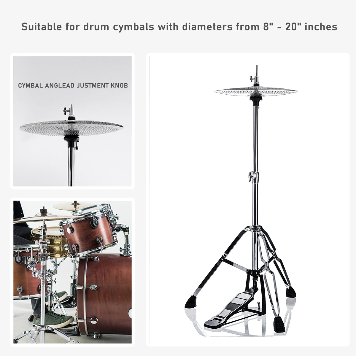 Vaisoeny Hi-Hat-Ständer aus Edelstahl, 1" Rohrdurchmesser, höhenverstellbar 23.6"–39.3" (V-CC-FK11)