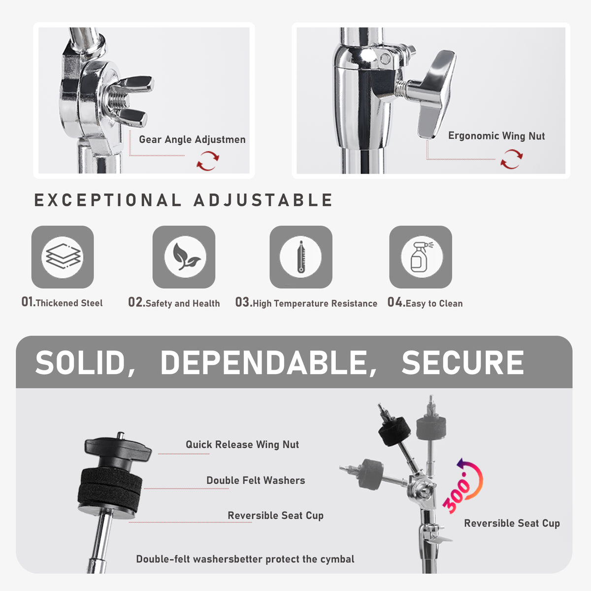 Vaisoeny Cymbal Stand, 1" Pipe Diameter Stainless Steel Straight Cymbal Stand, Adjustable Height 29.5" to 59" (V-ZDJ-004)