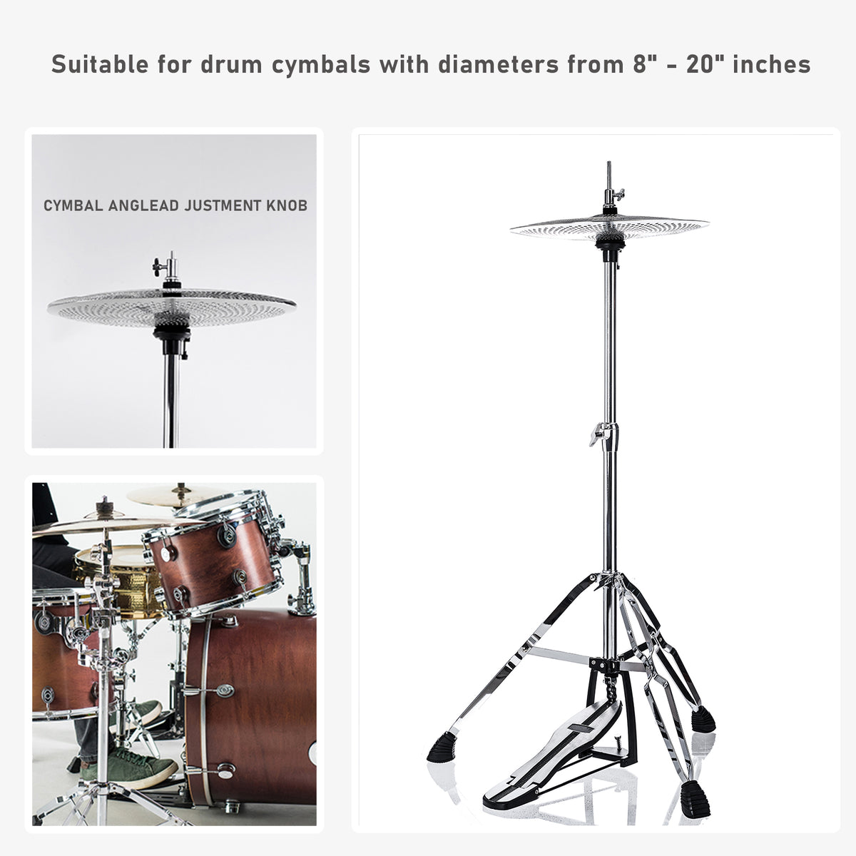 Vaisoeny Hi-Hat-Ständer aus Edelstahl, 1" Rohrdurchmesser, höhenverstellbar 23.6"–39.3" (V-CC-SZ08)