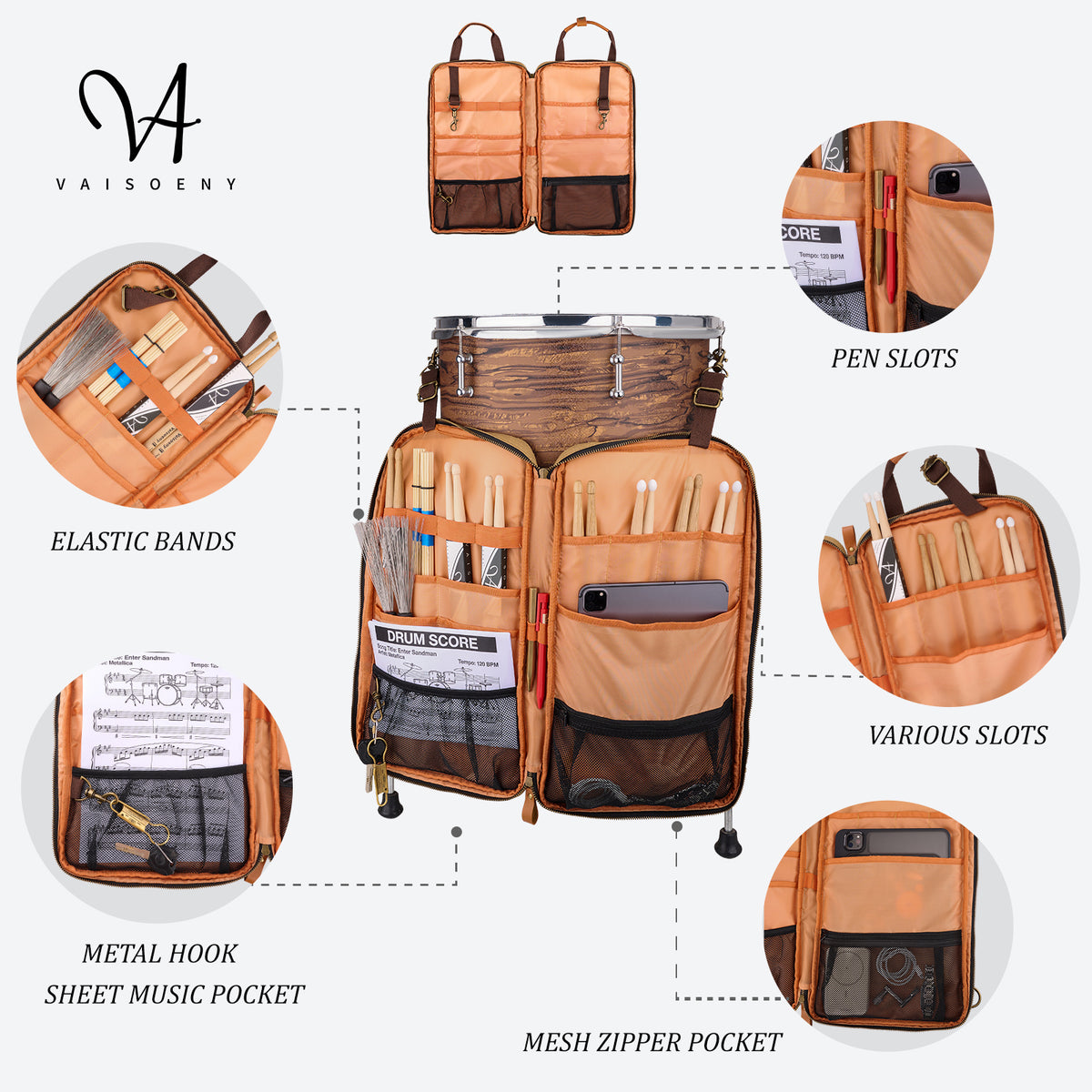 Vaisoeny Drum Stick Bag, Waxed Canvas Drumstick Bag with Detachable Shoulder Strap, Large Capacity (Black/Brown)