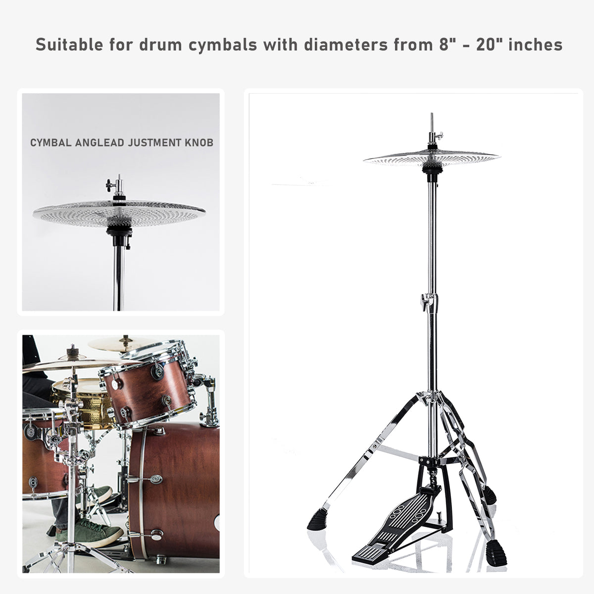 Vaisoeny Hi Hat Stand, 1" Pipe Diameter Stainless Steel High Hat Stand, adjustable height  23.6" to 39.3" (V-CC-ST09)