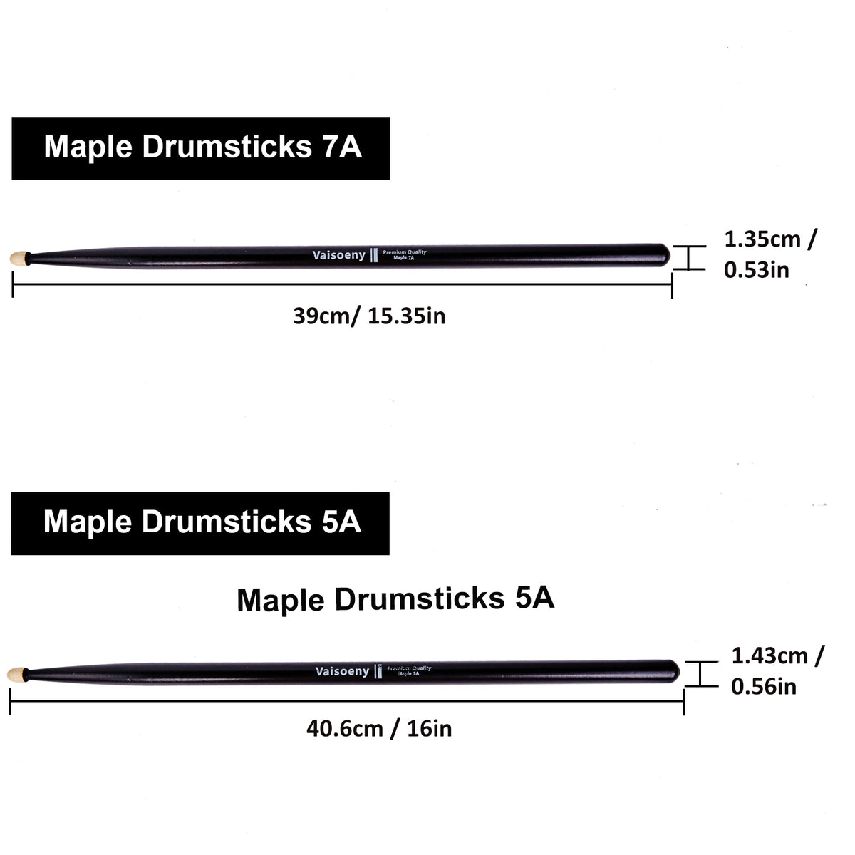 Vaisoeny Drum Sticks, 6 Pairs 5A 7A Lacquered Maple Wood Drum Sticks (Black/White)