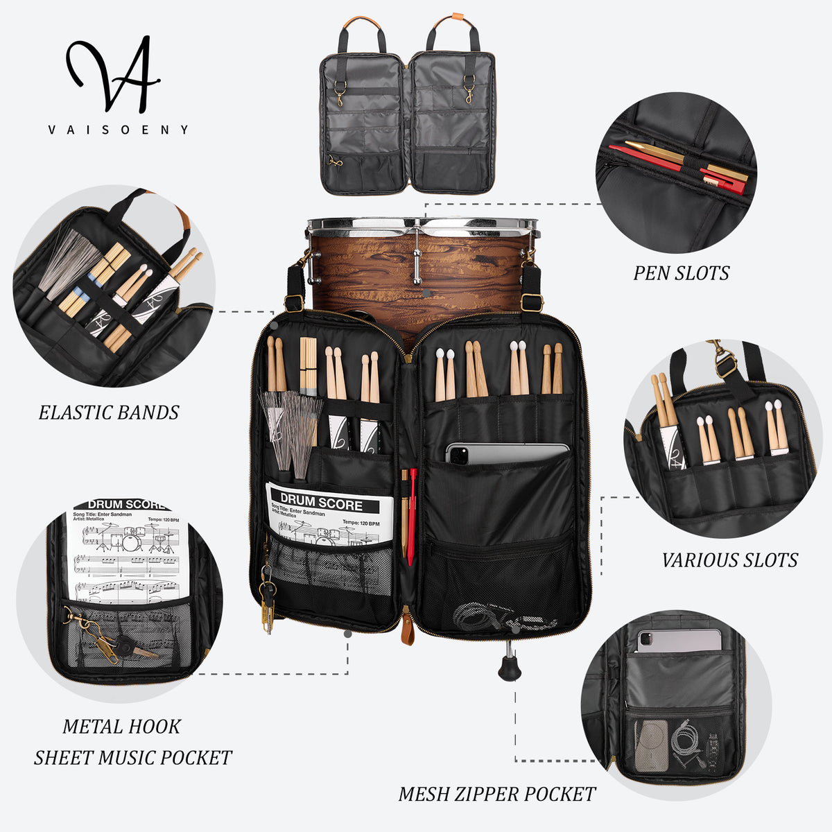 Vaisoeny Drum Stick Bag, Waxed Canvas Drumstick Bag with Detachable Shoulder Strap, Large Capacity (Black/Brown)