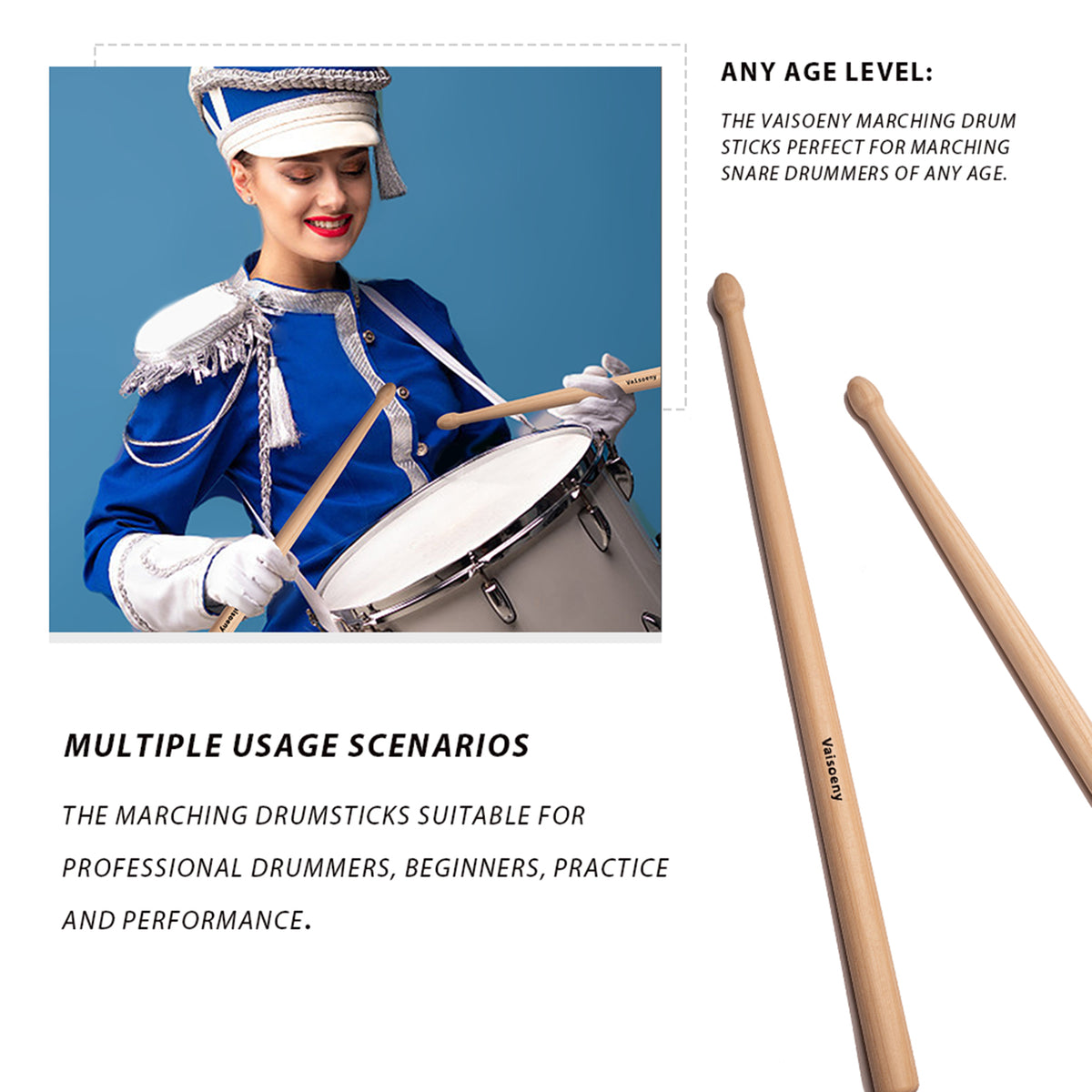 Vaisoeny Marching Drum Sticks, Increase Size Hickory Marching Snare Sticks with Oval Tip