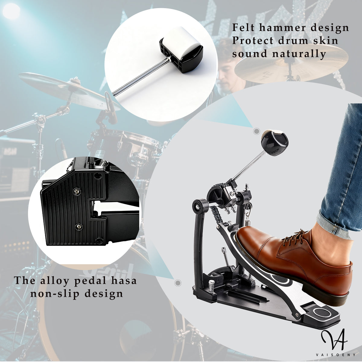 Vaisoeny Bass Drum Pedal, Double Chain Kick Drum Pedal for Drums(V-DC-YQ09)