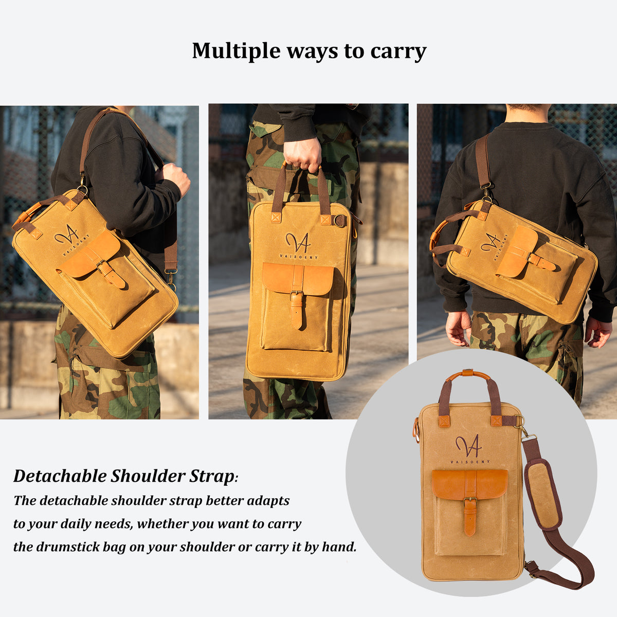 Vaisoeny Drum Stick Bag, Waxed Canvas Drumstick Bag with Detachable Shoulder Strap, Large Capacity (Black/Brown)