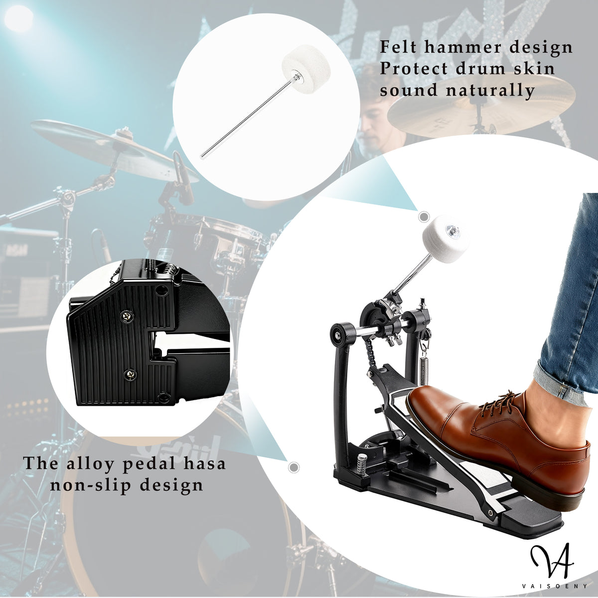 Vaisoeny Bass Drum Pedal, Single Chain Kick Drum Pedal for Drums(V-DC-FK15)