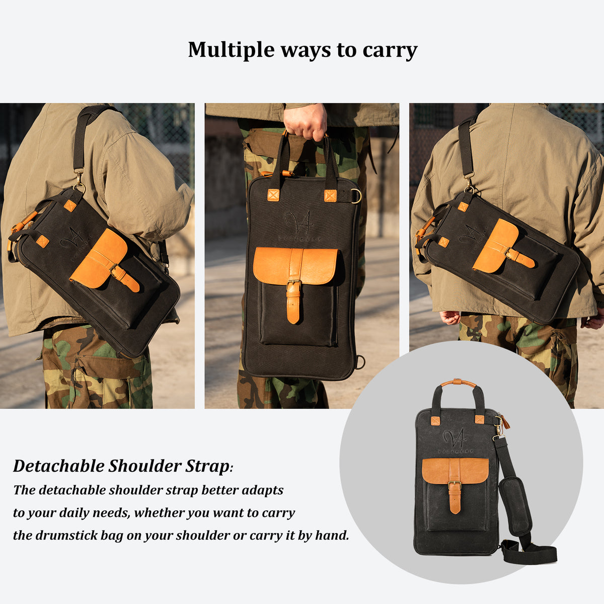 Vaisoeny Drum Stick Bag, Waxed Canvas Drumstick Bag with Detachable Shoulder Strap, Large Capacity (Black/Brown)