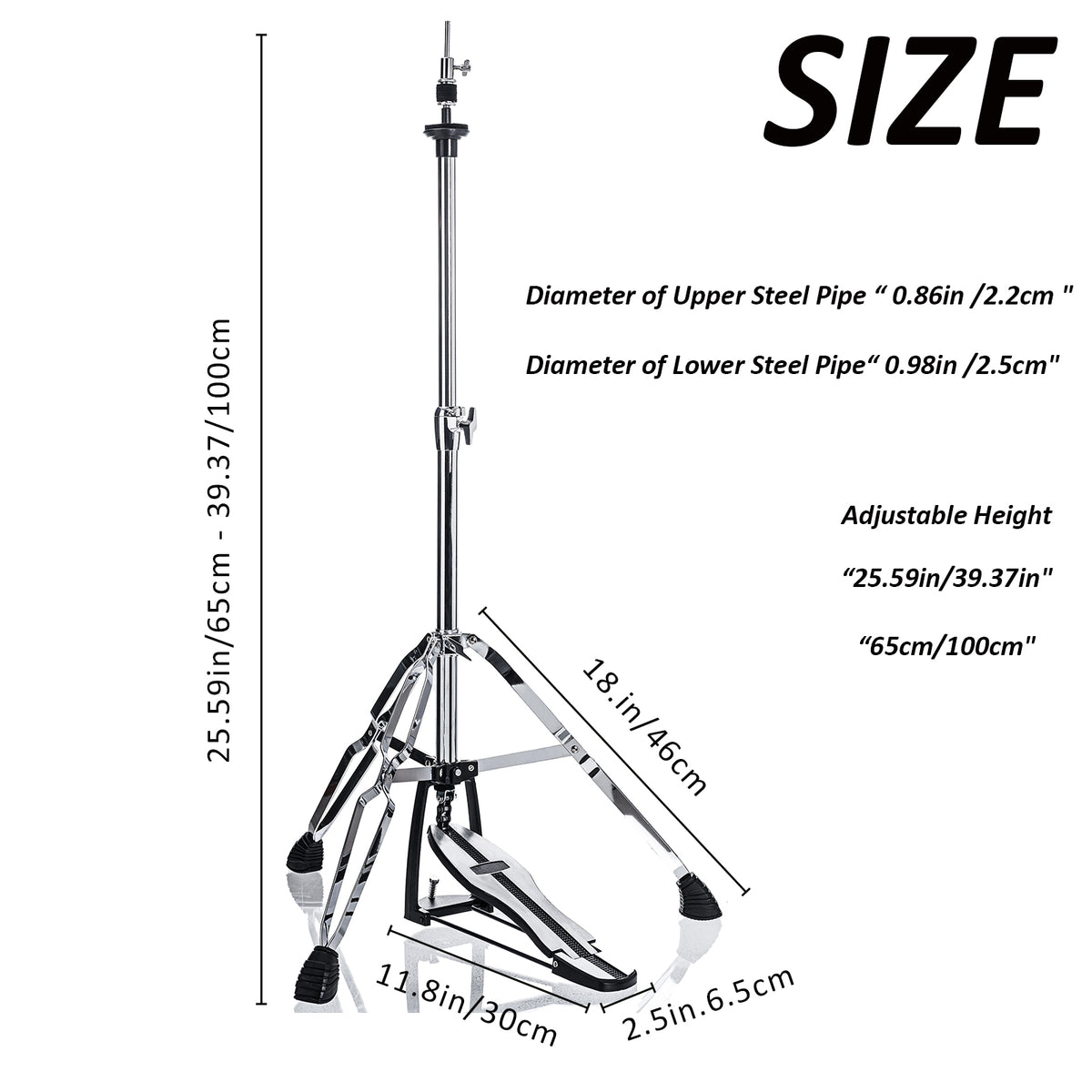 Vaisoeny Hi-Hat-Ständer aus Edelstahl, 1" Rohrdurchmesser, höhenverstellbar 23.6"–39.3" (V-CC-SZ08)