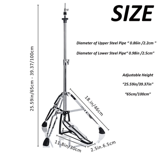 Vaisoeny Hi Hat Stand, 1" Pipe Diameter Stainless Steel High Hat Stand, adjustable height  23.6" to 39.3" (V-CC-SZ08)