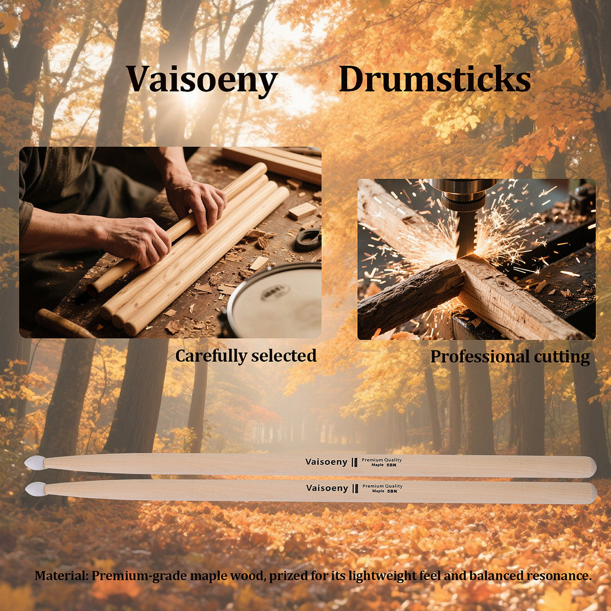 Vaisoeny Drum Sticks, 5A 7A 5B 2B Maple Wood Drumsticks with Teardrop Nylon Tip (12 Pairs)