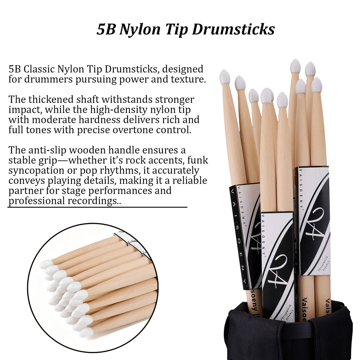 Vaisoeny Drum Sticks, 5A 7A 5B 2B Maple Wood Drumsticks with Teardrop Nylon Tip (12 Pairs)