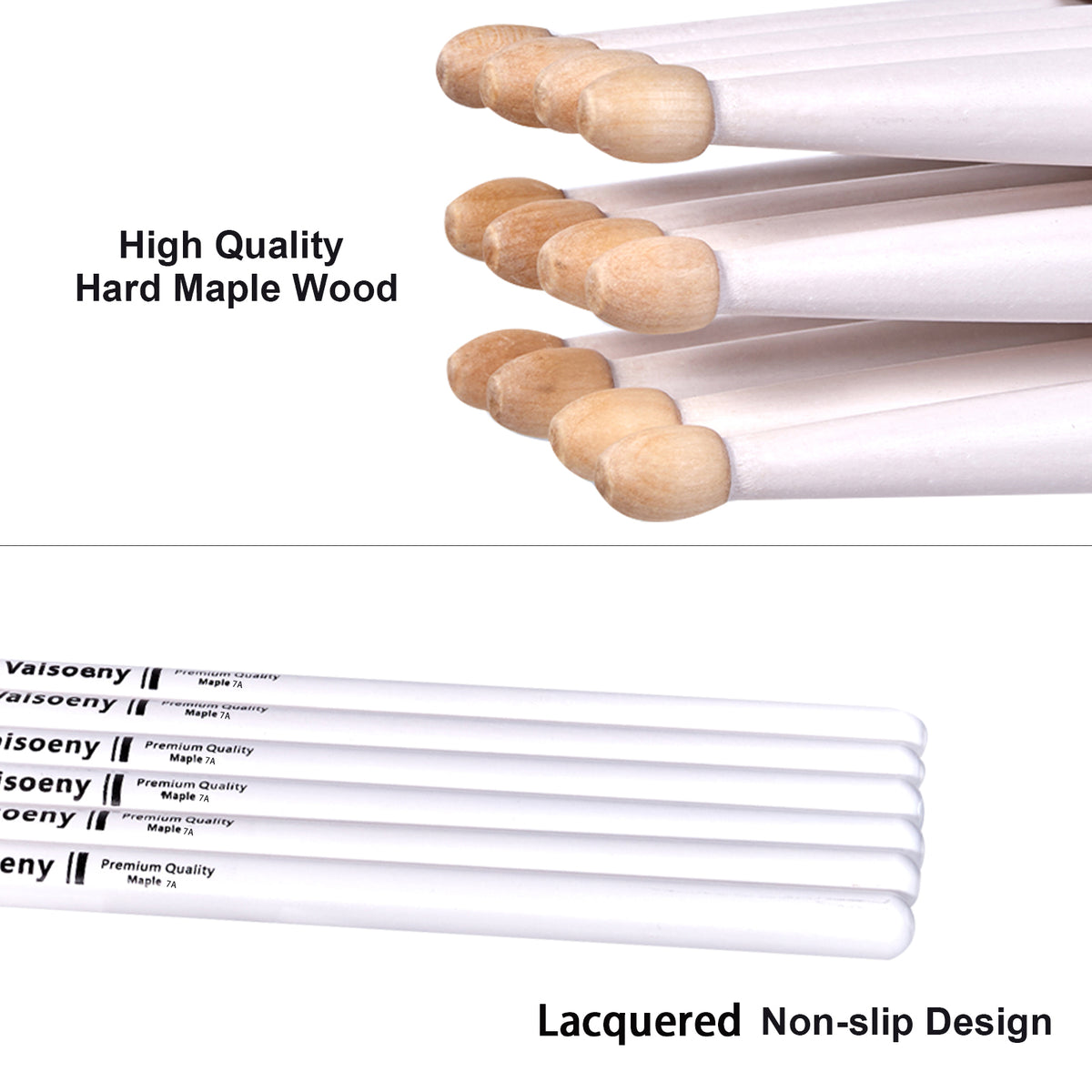 Vaisoeny Drum Sticks, 6 Pairs 5A 7A Lacquered Maple Wood Drum Sticks (Black/White)