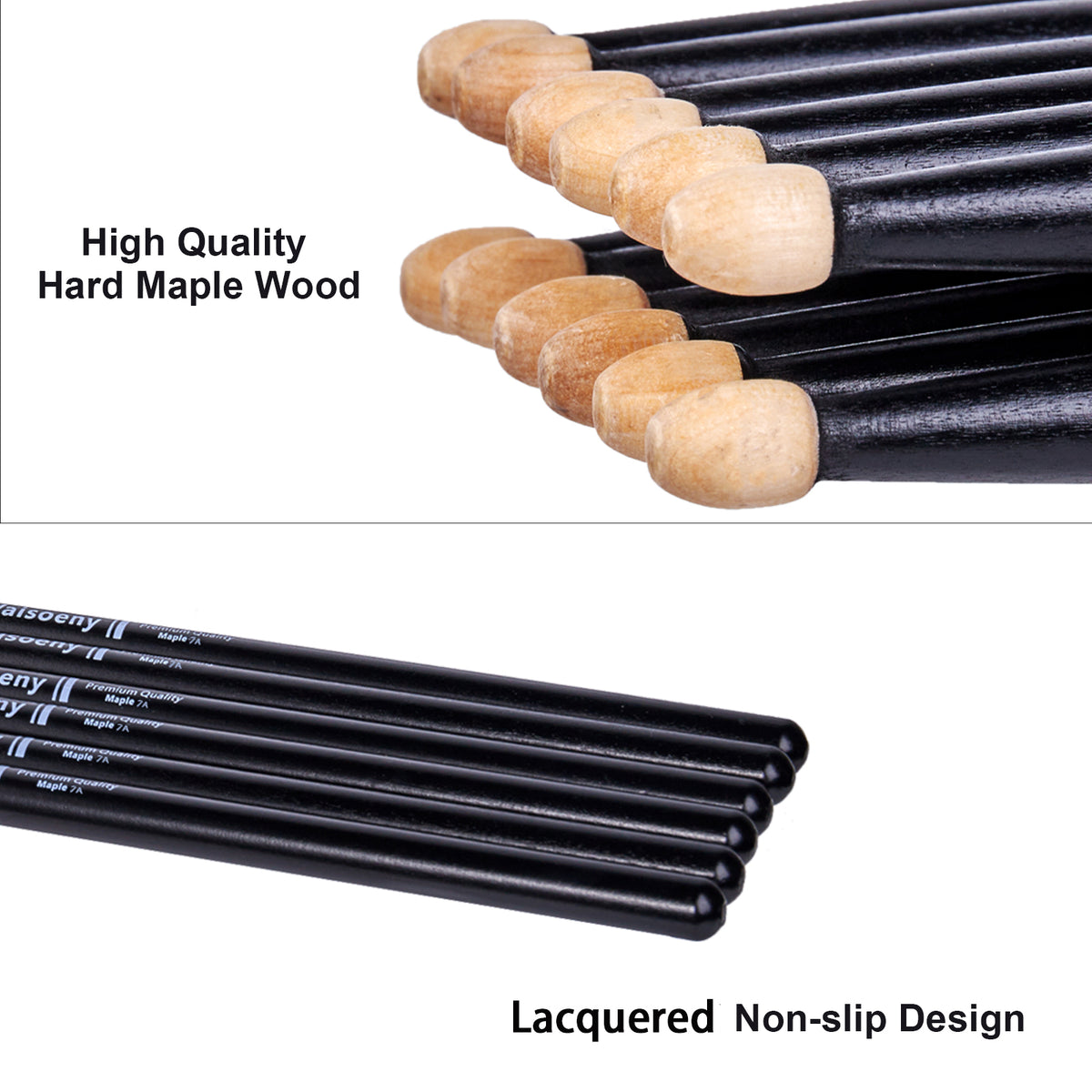Vaisoeny Drum Sticks, 6 Pairs 5A 7A Lacquered Maple Wood Drum Sticks (Black/White)