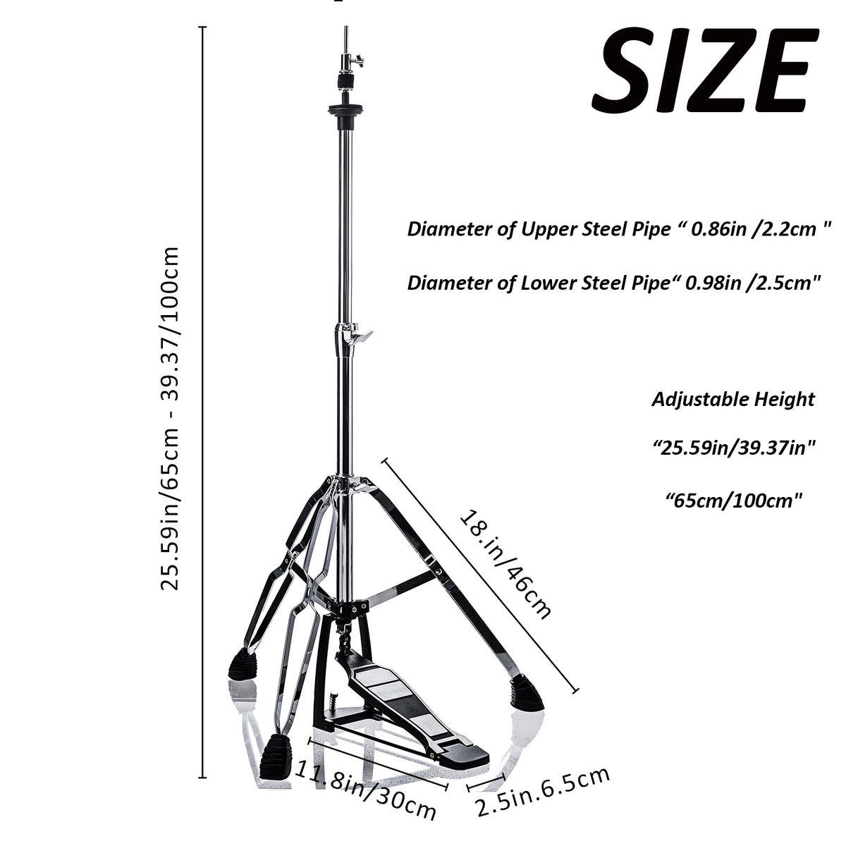 Vaisoeny Hi-Hat-Ständer aus Edelstahl, 1" Rohrdurchmesser, höhenverstellbar 23.6"–39.3" (V-CC-FK11)