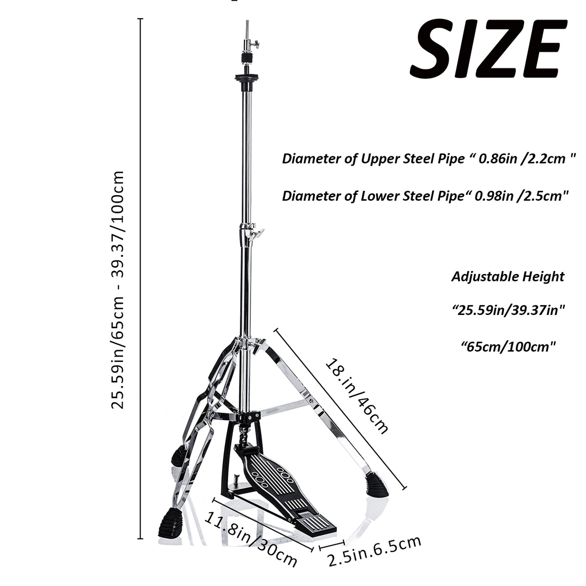 Vaisoeny Hi Hat Stand, 1" Pipe Diameter Stainless Steel High Hat Stand, adjustable height  23.6" to 39.3" (V-CC-ST09)