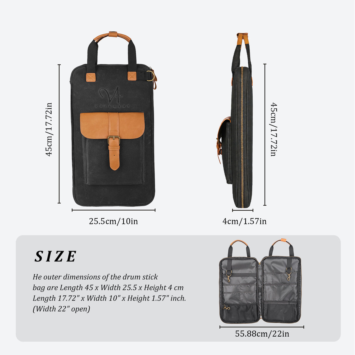 Vaisoeny Drum Stick Bag, Waxed Canvas Drumstick Bag with Detachable Shoulder Strap, Large Capacity (Black/Brown)