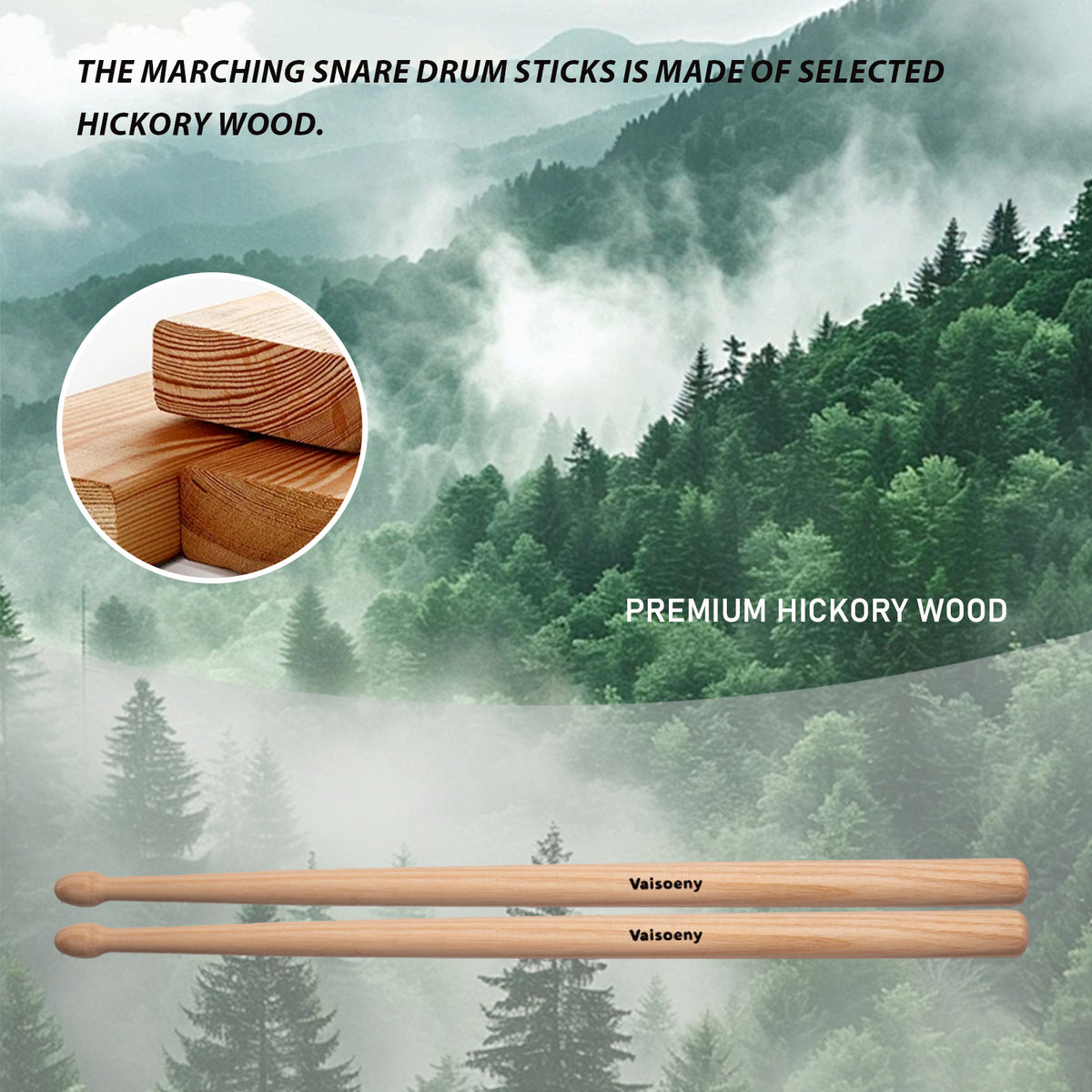 Vaisoeny Marching Drum Sticks, Increase Size Hickory Marching Snare Sticks with Oval Tip