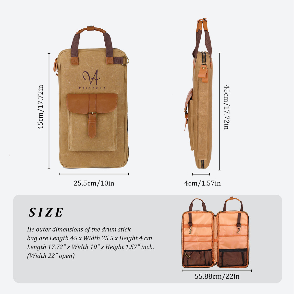 Vaisoeny Drum Stick Bag, Waxed Canvas Drumstick Bag with Detachable Shoulder Strap, Large Capacity (Black/Brown)