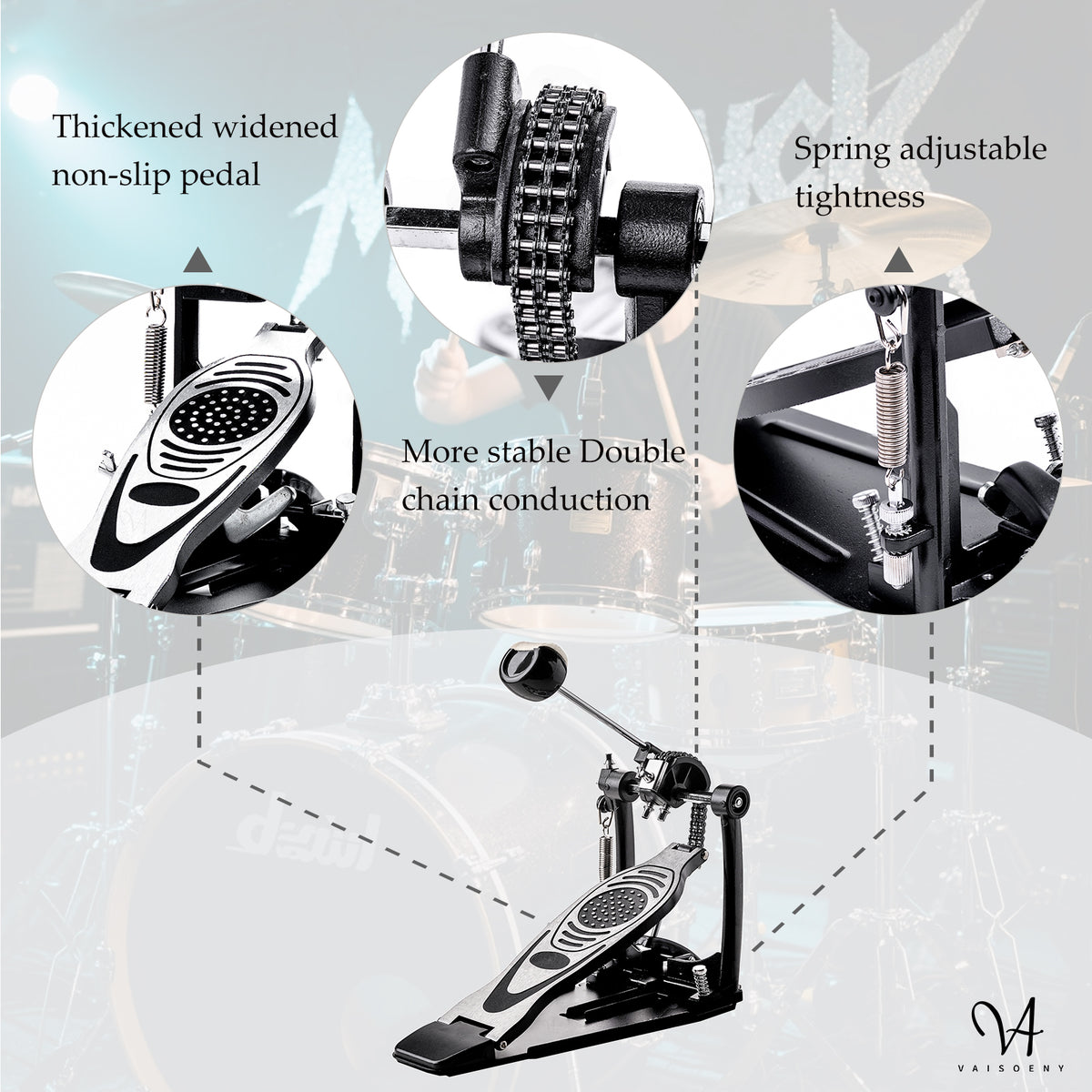 Vaisoeny Bass Drum Pedal, Double Chain Kick Drum Pedal for Drums(V-DC-VZ14)