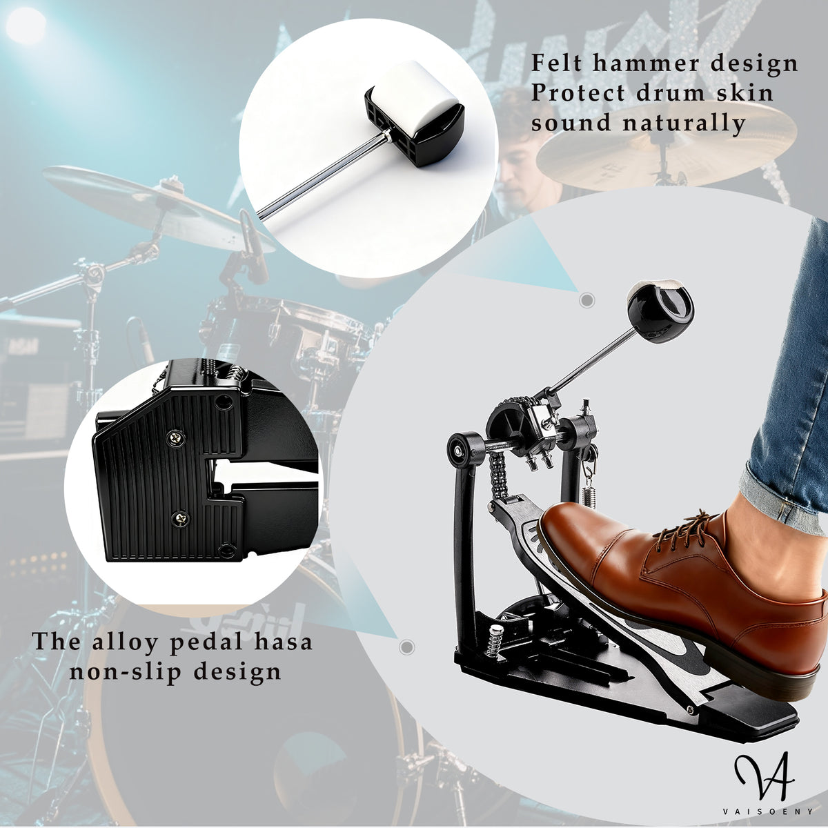 Vaisoeny Bass Drum Pedal, Double Chain Kick Drum Pedal for Drums(V-DC-VZ14)