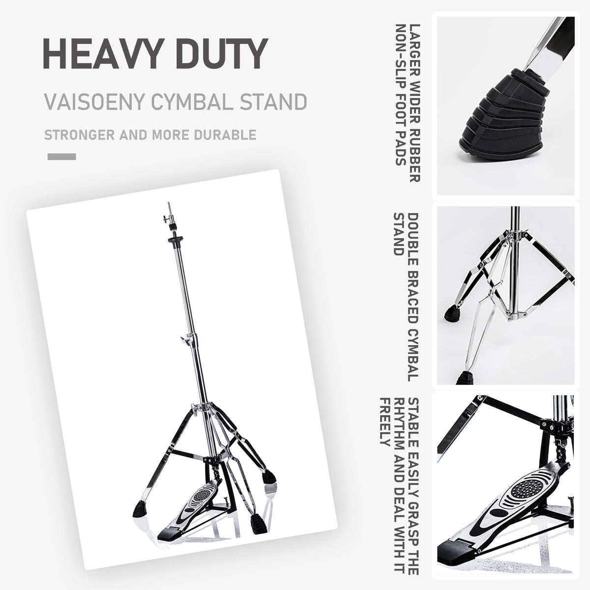Vaisoeny pied de charleston en acier inoxydable, 1" diamètre du tube, hauteur réglable 23.6"–39.3" (V-CC-VZ10)