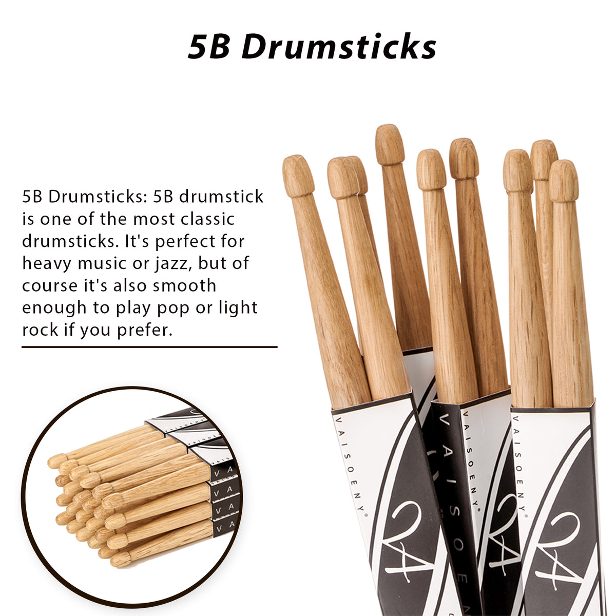 Vaisoeny Drum Sticks, Oak Wood 5A 7A 5B 2B Drumsticks with Teardrop Tip (12 Pairs)