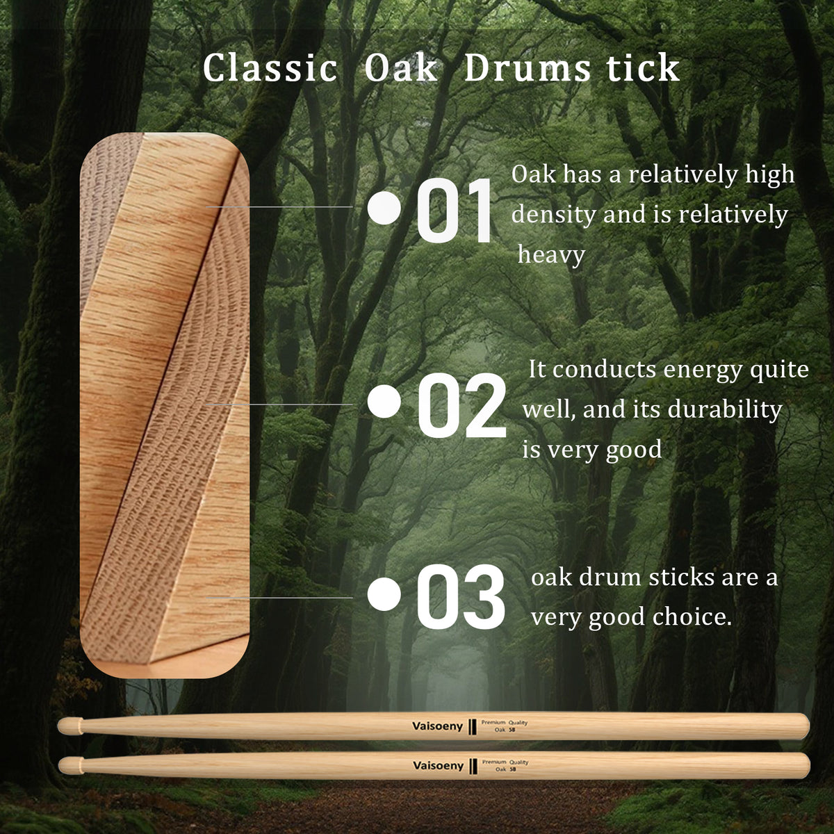 Vaisoeny Drum Sticks, Oak Wood 5A 7A 5B 2B Drumsticks with Teardrop Tip (12 Pairs)